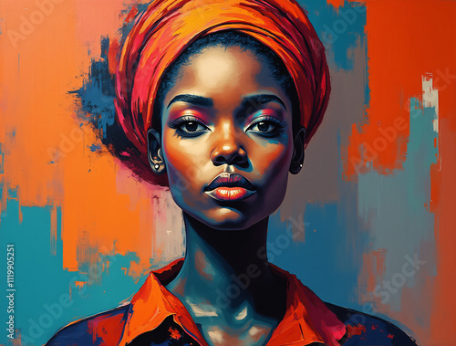 black woman with modern turban, colorful abstract painting, art, african culture