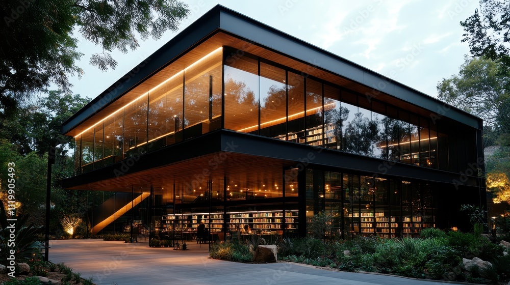 The photograph presents a modern library building with expansive glass windows, seamlessly integrated with surrounding trees and plants, evoking a sense of peace and harmony. The photograph presents a modern library building with expansive glass windows, seamlessly integrated with surrounding trees and plants, evoking a sense of peace and harmony.
