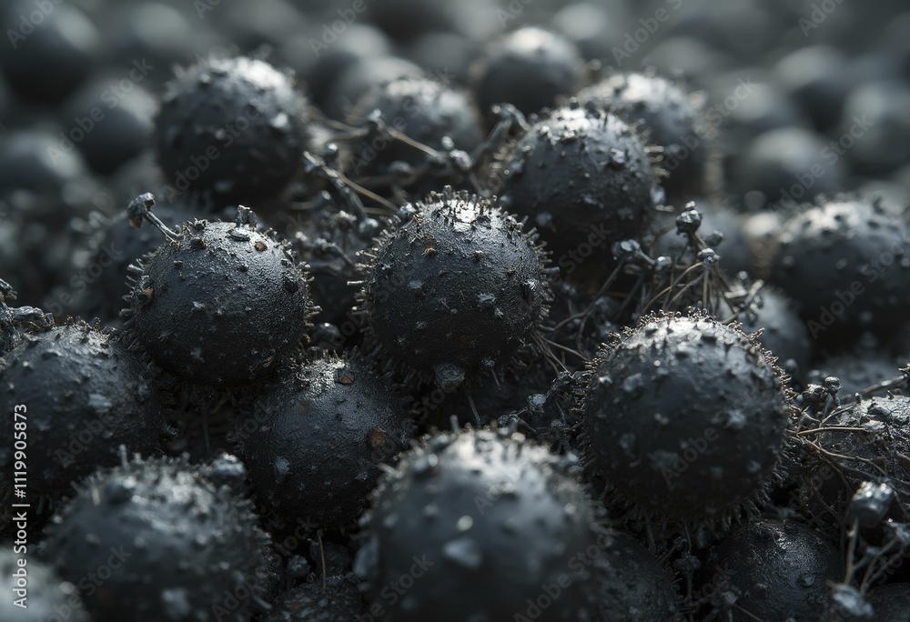 Close-up of dark, spiked spheres Close-up of dark, spiked spheres