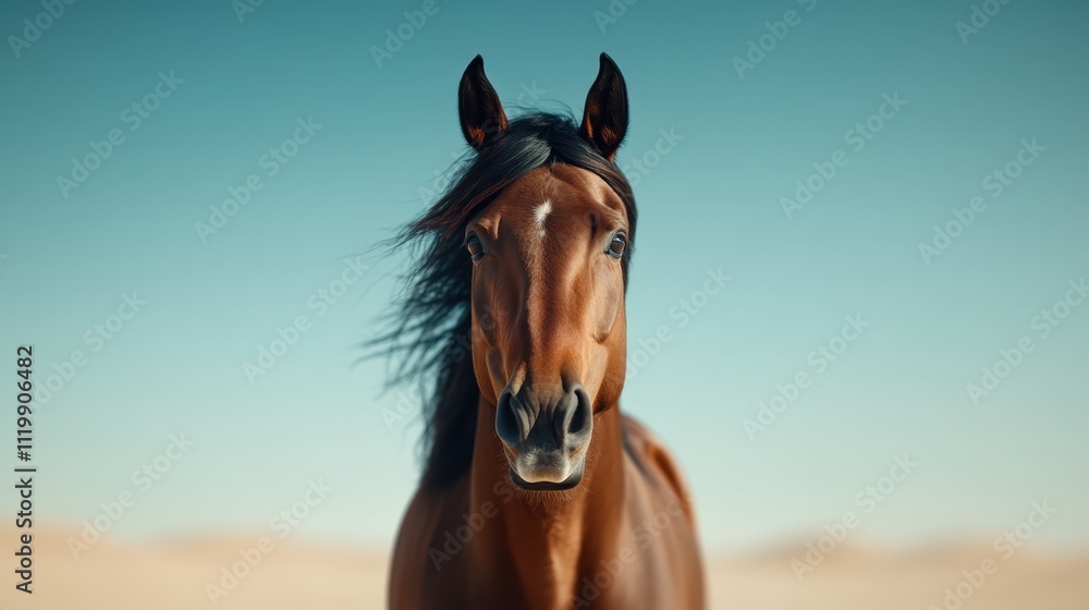 A striking chestnut horse gazes intently at the camera, set against a clear blue sky and an expansive desert background, radiating grace and strength. A striking chestnut horse gazes intently at the camera, set against a clear blue sky and an expansive desert background, radiating grace and strength.