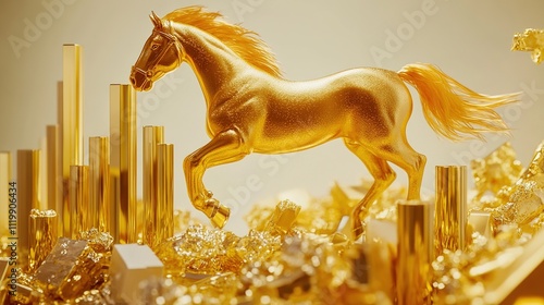 background featuring a golden horse galloping alongside a bar chart displaying an upward trend, illustrated with a luxurious gold foil texture.  a white background symbolizes success and prosperity, m