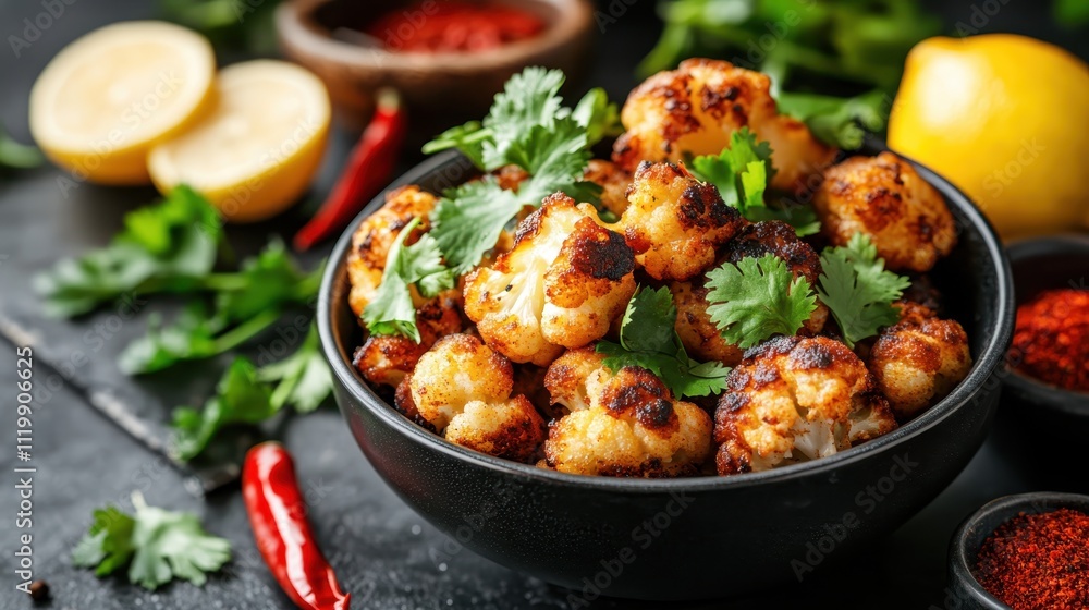 Crispy, spiced cauliflower florets in a black bowl garnished with cilantro, surrounded by lemons and chili peppers, creating a mouthwatering visual appeal. Crispy, spiced cauliflower florets in a black bowl garnished with cilantro, surrounded by lemons and chili peppers, creating a mouthwatering visual appeal.