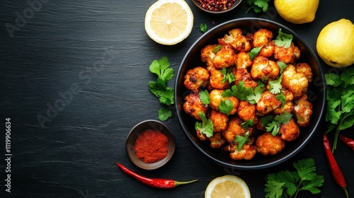 Wallpaper Mural Top view of spiced cauliflower florets garnished with cilantro in a black bowl, surrounded by lemons, red chili, and spices, set against a dark background. Torontodigital.ca