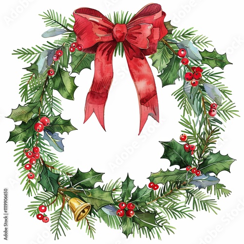 Delicate watercolor Christmas wreath featuring holly leaves, red berries, fir branches, golden bells, and a large red bow, isolated on white background