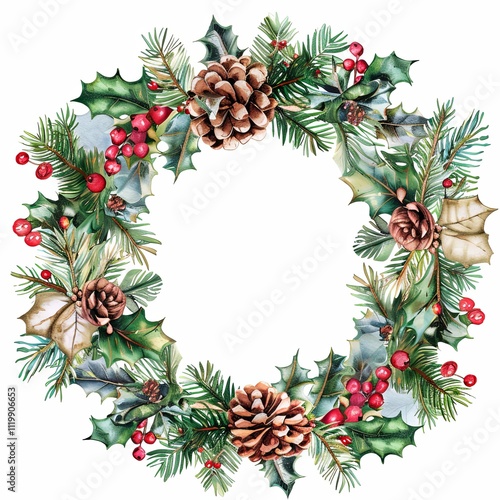 Elegant watercolor Christmas wreath featuring pinecones, holly leaves, red berries, and fir branches. The hand-painted design is set against a white background, perfect for holiday deco