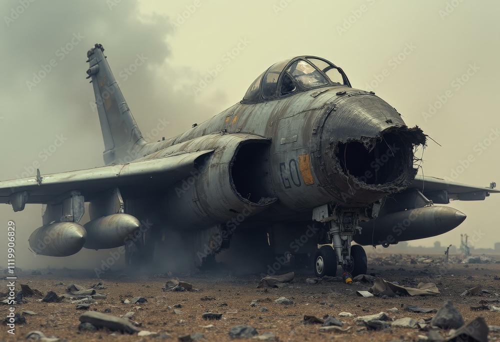 Burned military jet wreckage with smoke on barren landscape Burned military jet wreckage with smoke on barren landscape