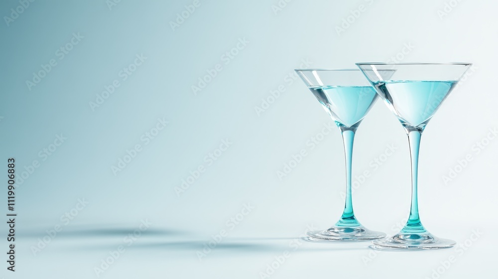 Two elegant martini glasses filled with teal cocktails sit gracefully against a soft blue backdrop, evoking a sense of sophistication and refreshment. Two elegant martini glasses filled with teal cocktails sit gracefully against a soft blue backdrop, evoking a sense of sophistication and refreshment.