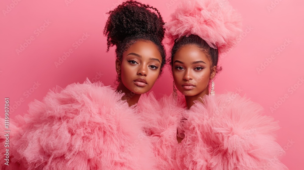 Two women stand closely, each dressed in elegant pink fluffy dresses against a vibrant pink backdrop, highlighting fashion and modern beauty and luxury. Two women stand closely, each dressed in elegant pink fluffy dresses against a vibrant pink backdrop, highlighting fashion and modern beauty and luxury.