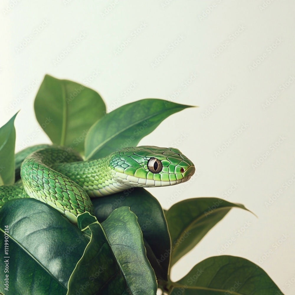 Green snake in green fresh leaves on white background, empty space for text, copy space. Symbol of 2025 year of the Snake, picture for postcard and poster calendar Green snake in green fresh leaves on white background, empty space for text, copy space. Symbol of 2025 year of the Snake, picture for postcard and poster calendar