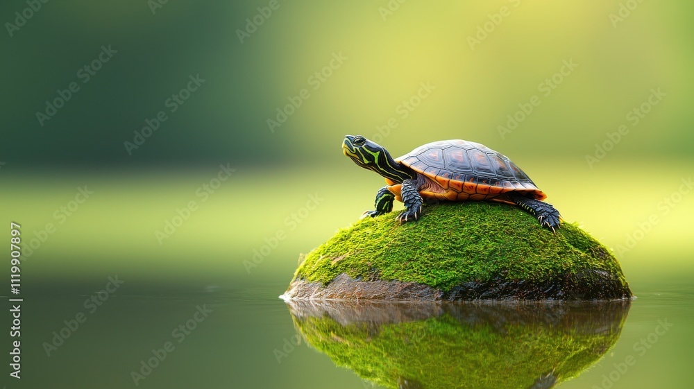 Obraz premium A serene turtle rests on a moss-covered rock surrounded by calm waters, embodying tranquility in nature.