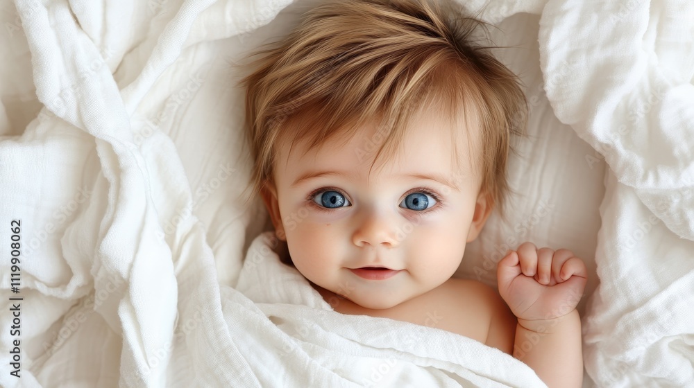 A cute baby with bright blue eyes is comfortably wrapped in a soft white blanket, looking directly at the camera with a serene expression and gentle smile. A cute baby with bright blue eyes is comfortably wrapped in a soft white blanket, looking directly at the camera with a serene expression and gentle smile.