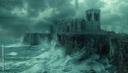 Ruined Castle Perched on Cliff Facing Stormy Sea