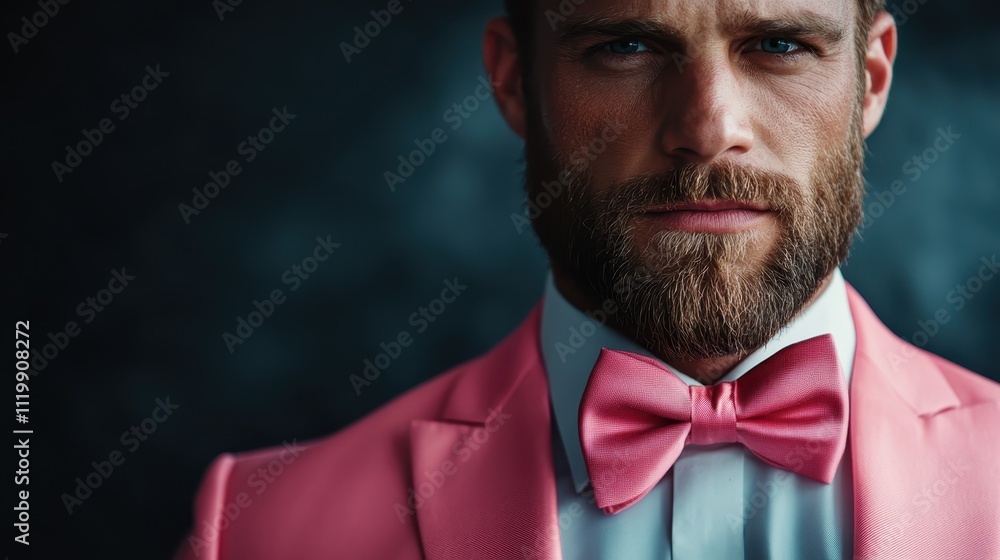 A bearded man in a pink suit and matching bow tie stands with a serious expression, exuding confidence and modern elegance against a dark background. A bearded man in a pink suit and matching bow tie stands with a serious expression, exuding confidence and modern elegance against a dark background.