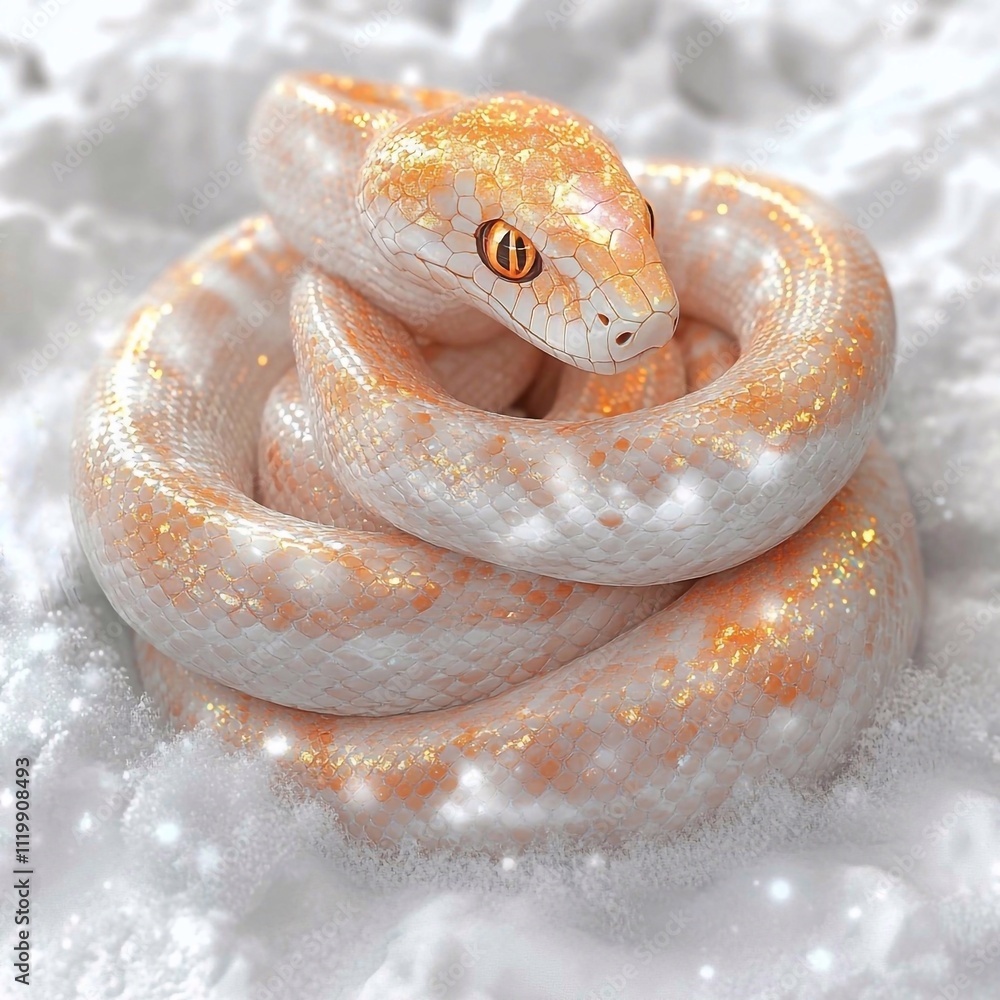 Fototapeta premium close up of a snake, beautiful fantasy cartoon 3D orangesnake with glitter and sparkle on scales, on a white background, copy space, Symbol of the 2025 year of the Snakes, picture for a postcard 