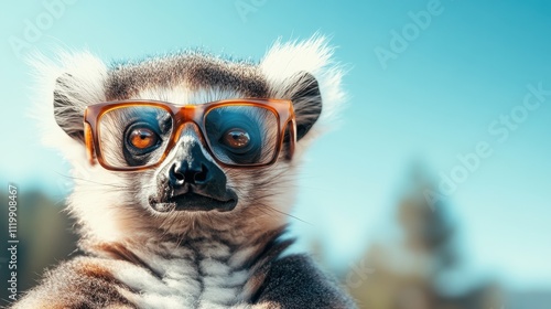 A delightful lemur sports oversized glasses in a bright outdoor setting, looking with inquisitive eyes and surrounded by natural elements and sunlight.