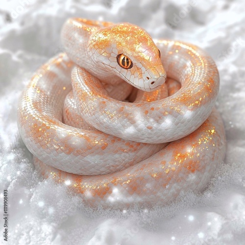 close up of a snake, beautiful fantasy cartoon 3D orangesnake with glitter and sparkle on scales, on a white background, copy space, Symbol of the 2025 year of the Snakes, picture for a postcard  photo