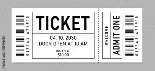 Creative ticket isolated on white background. Retro white paper coupon for event, Concert, movie, raffle, carnival blank entry pass,