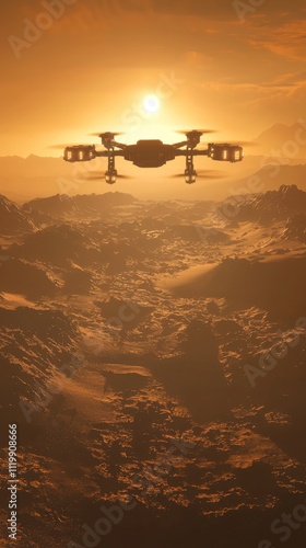 Robotic drones surveying Mars-like terrain in preparation for planetary colonization, future space exploration and navigation technologies, high-tech landscape assessment strategies photo