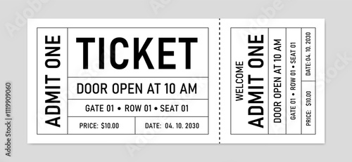 Retro ticket design template. Ticket admit one. Ticket for cinema, concert, movie, play, party, event, circus, carnival, film, festival, pass etc.