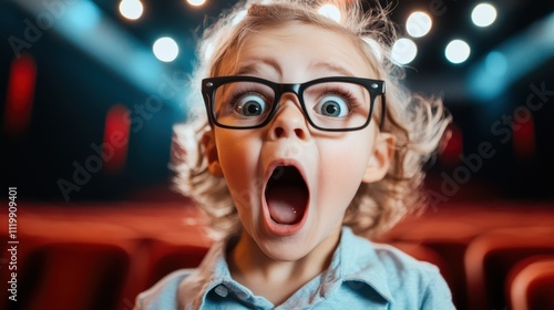 A young child with wide eyes and an open mouth sits in a theater, displaying an expression of amazement or shock while lights glow in the background. photo