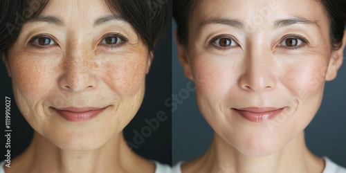 美容とスキンケアのビフォーアフター効果をフィーチャーした変身コンセプトの分割画面ポートレート