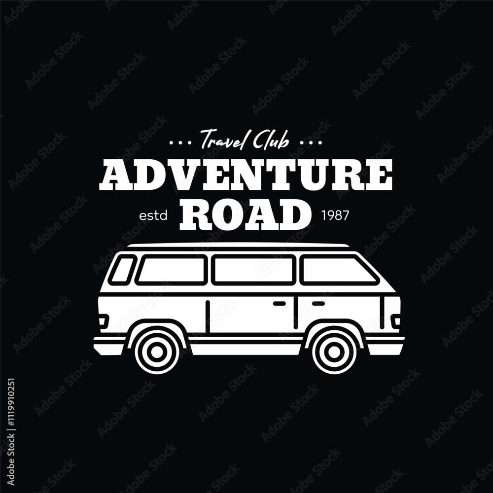 The emblem of the travelers club with the image of an old van. Original vector illustration in vintage style. T-shirt design. The emblem of the travelers club with the image of an old van. Original vector illustration in vintage style. T-shirt design.