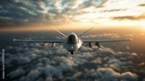 A sleek, modern aircraft flies above the clouds as the sun rises, representing technological advancement, innovation, and the excitement of aviation exploration. photo