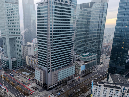 Warszawa, panorama miasta, widok na nowoczesne centrum miasta. Biurowce na tle zachmurzonego miasta. photo