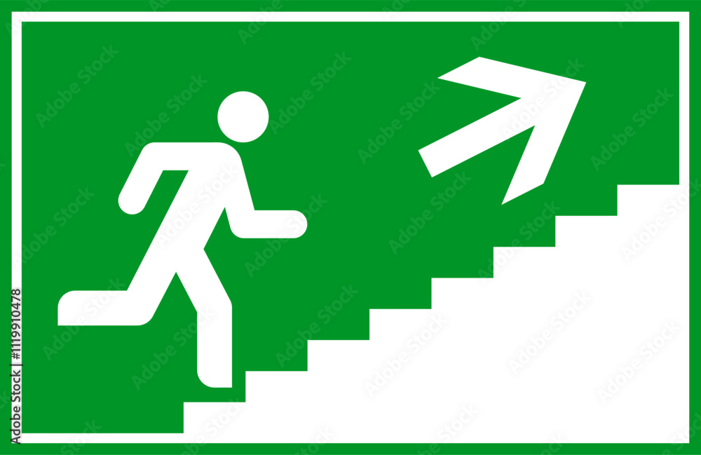Man running up stairs with direction arrow. Exit way icon. Emergency exit. Safety symbol. Man running up stairs with direction arrow. Exit way icon. Emergency exit. Safety symbol.