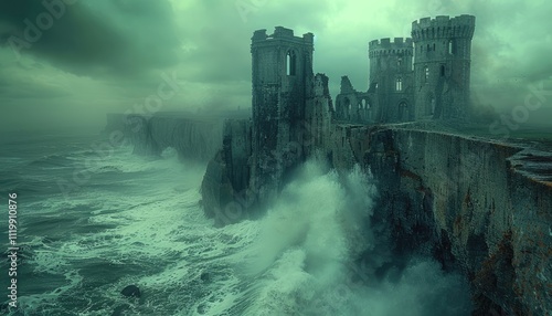Ruined Castle Perched on a Cliffside Against a Stormy Sea