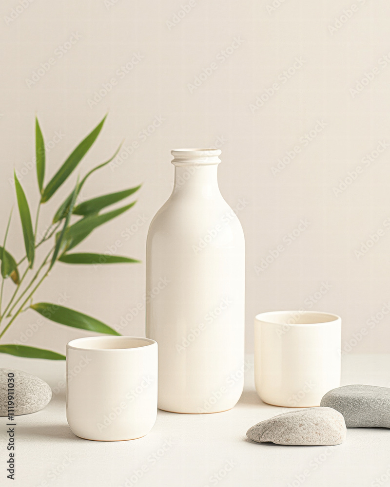 A white bottle and two white cups are on a table A white bottle and two white cups are on a table