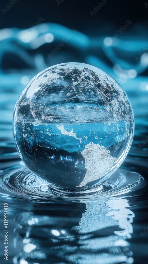 Glass globe with contours on reflective surface and blue abstract waves Glass globe with contours on reflective surface and blue abstract waves