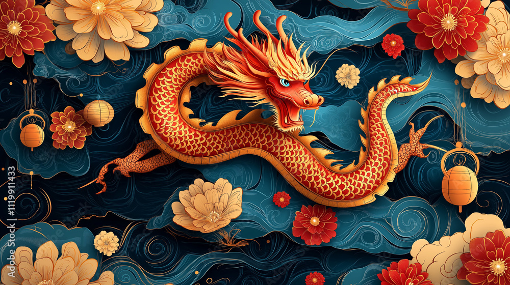 Chinese new year dragon zodiac art with gold flowers lanterns and festive elements on red background Chinese new year dragon zodiac art with gold flowers lanterns and festive elements on red background