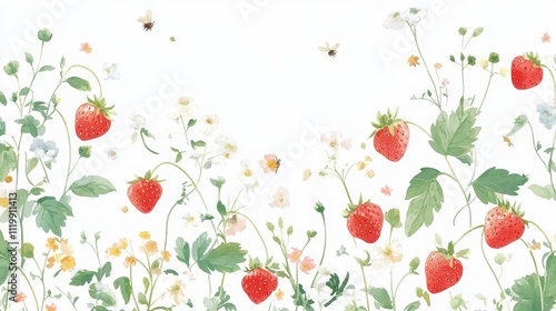 Wallpaper Mural Watercolor illustration of strawberries wildflowers and bees Torontodigital.ca