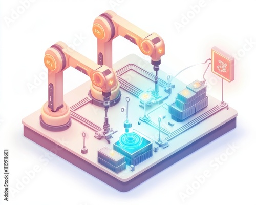 Robotic arms working in a modern automated assembly line, white isolate background photo