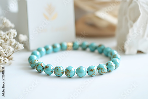 elaborate product shot of a beaded turquoise bracelet made of round ceramic beads photo