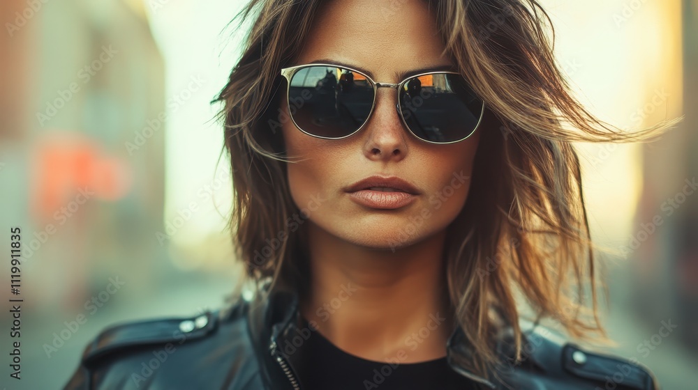 A confident woman, dressed in a leather jacket and sunglasses, stands amid an urban backdrop, embodying strength and resilience as she faces the wind head-on. A confident woman, dressed in a leather jacket and sunglasses, stands amid an urban backdrop, embodying strength and resilience as she faces the wind head-on.