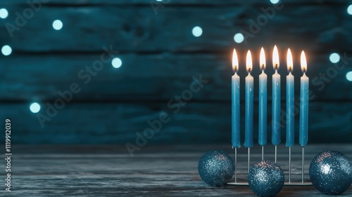 A serene display of blue candles and decorative ornaments against a dark wooden backdrop, evoking a festive atmosphere. photo