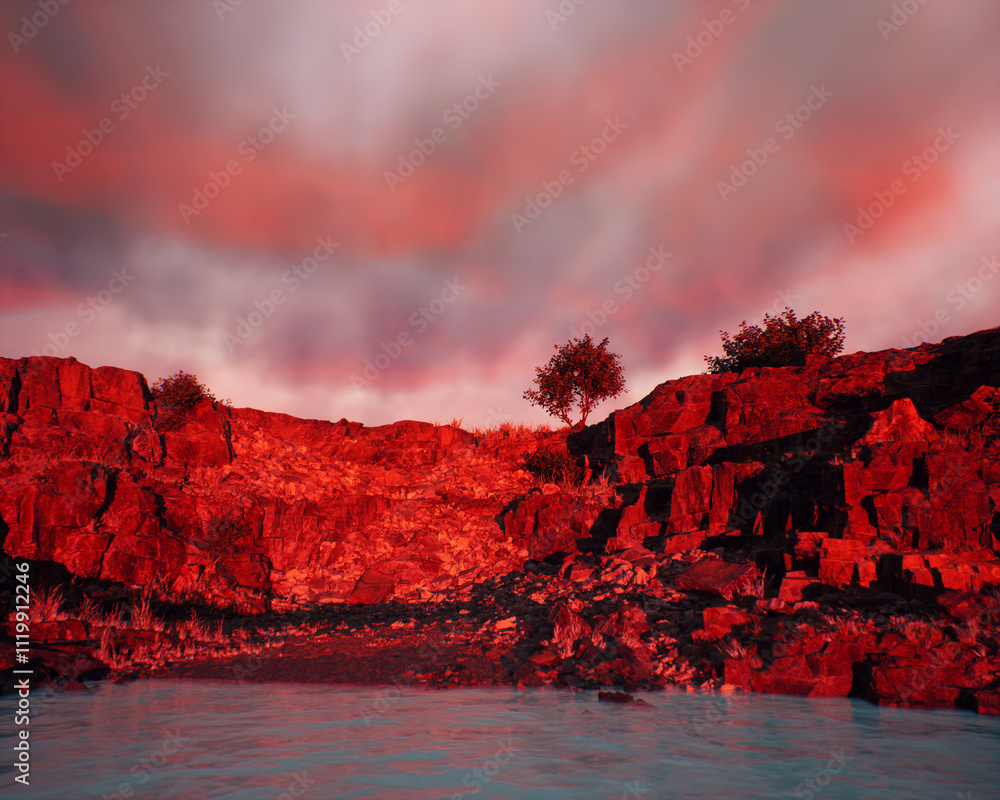 Quarry slate with water and some trees under a sunset cloudy sky. 3D render.