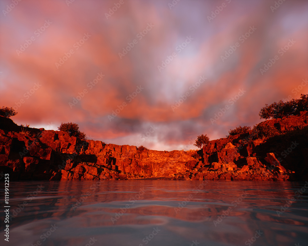 Quarry slate with water and some trees under a sunset cloudy sky. 3D render.