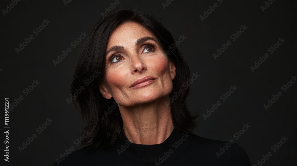 Confident 60 years old woman in black attire against dark background Confident 60 years old woman in black attire against dark background