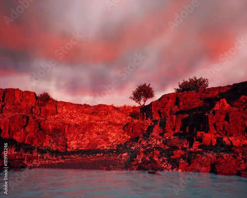 Obraz na płótnie Quarry slate with water and some trees under a sunset cloudy sky. 3D render. w salonie