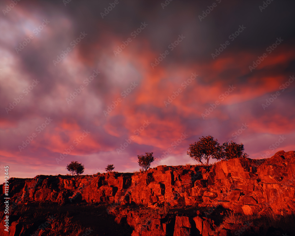 Quarry slate with some trees under a sunset cloudy sky. 3D render.