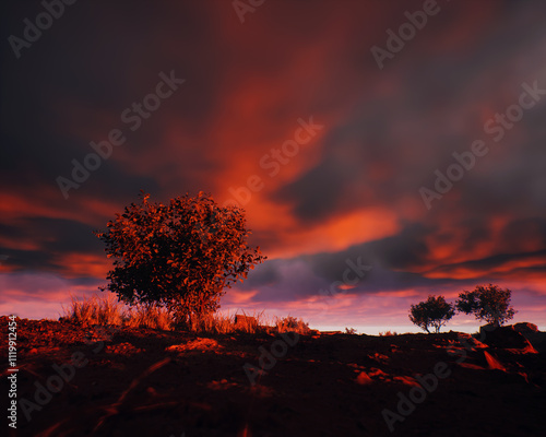 Obraz na płótnie Quarry slate with some trees under a sunset cloudy sky. 3D render. w salonie