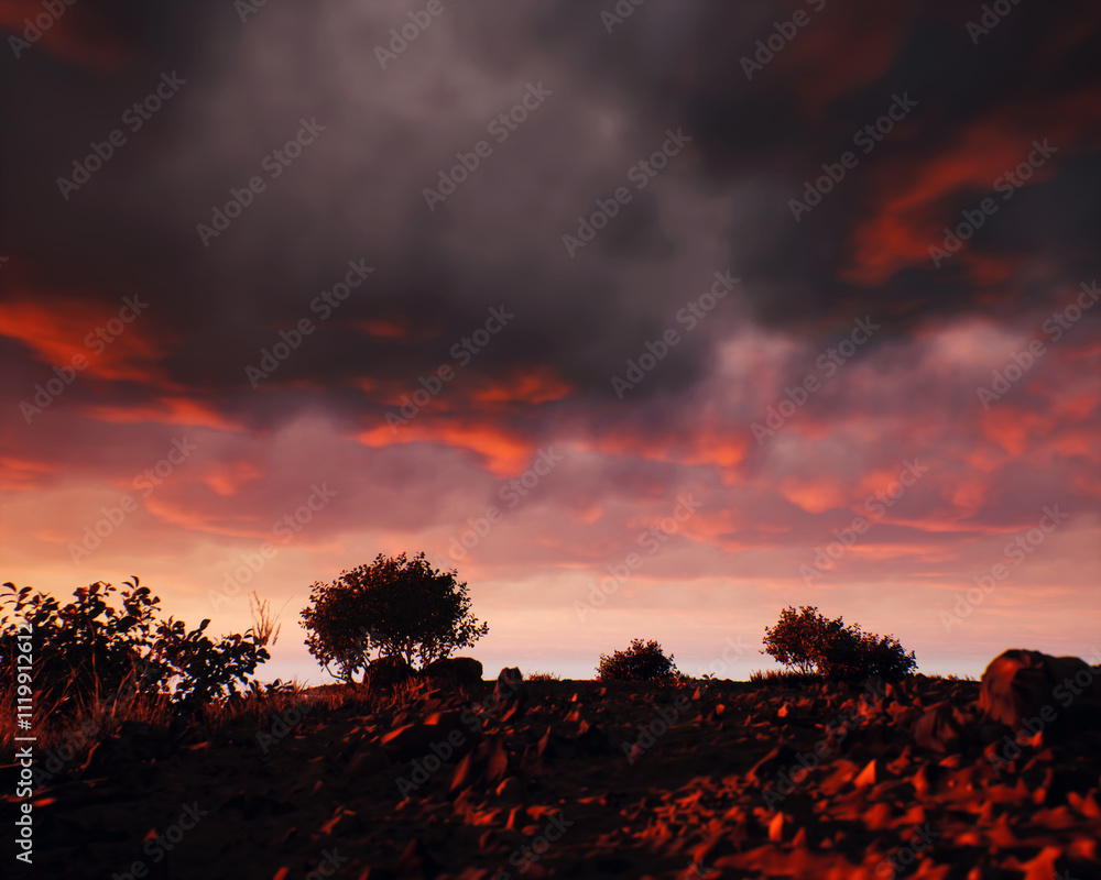 Quarry slate with some trees under a sunset cloudy sky. 3D render.