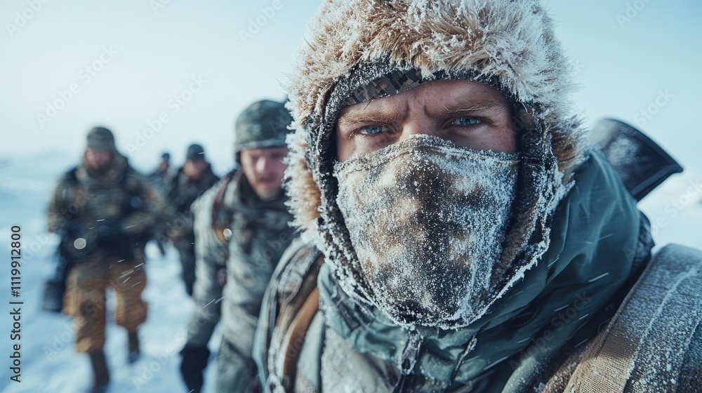 A team of explorers braves an icy terrain as they trek through a barren snow-covered landscape, embodying the spirit of adventure and perseverance. A team of explorers braves an icy terrain as they trek through a barren snow-covered landscape, embodying the spirit of adventure and perseverance.