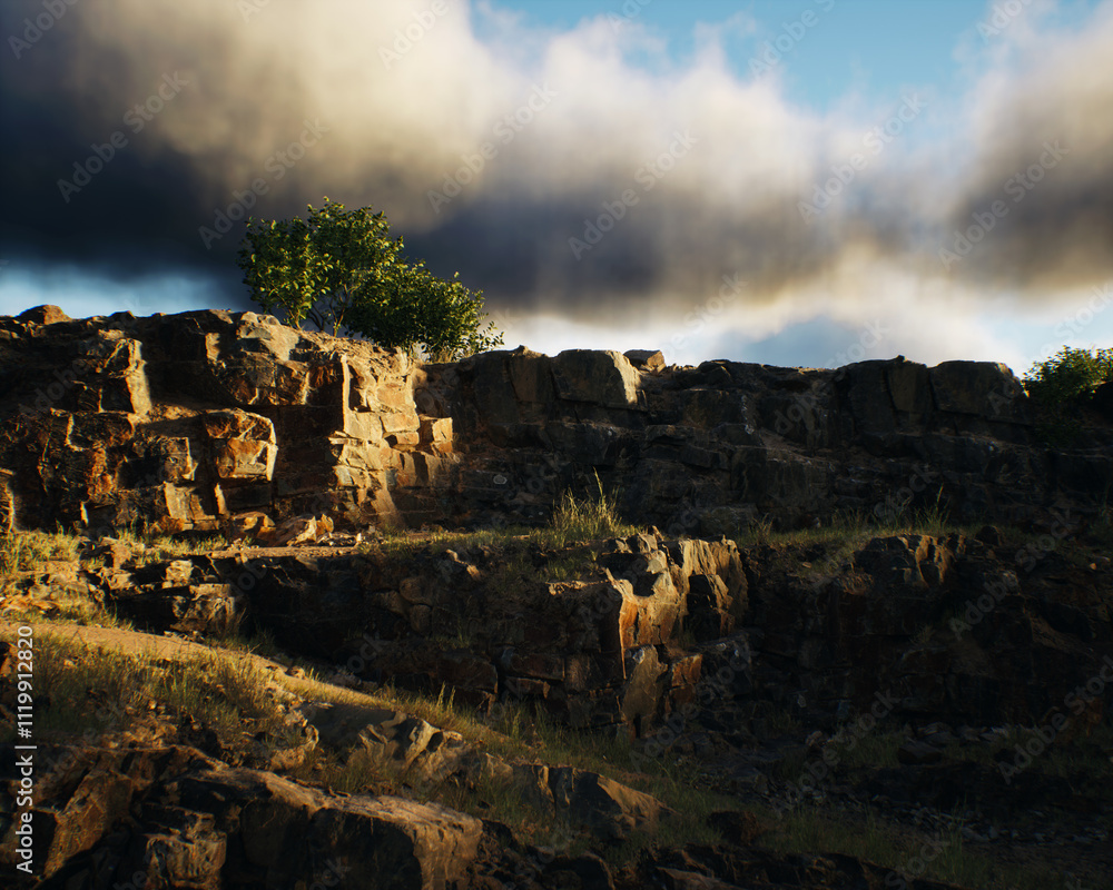 Quarry slate with vegetation under a cloudy sky. 3D render.