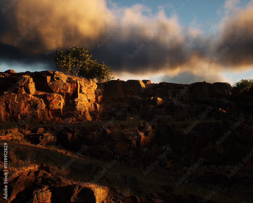 Quarry slate with some trees under a cloudy sky. 3D render.