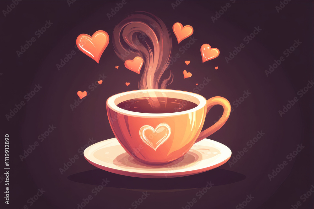A cup of hot coffee with steam that forms a heart, and small hearts floating around the cup A cup of hot coffee with steam that forms a heart, and small hearts floating around the cup