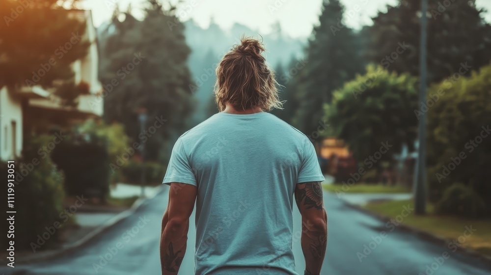 A rugged individual walks on a misty street wearing a white shirt, exuding adventure and exploring the mysterious, fog-covered surroundings on a quiet morning. A rugged individual walks on a misty street wearing a white shirt, exuding adventure and exploring the mysterious, fog-covered surroundings on a quiet morning.